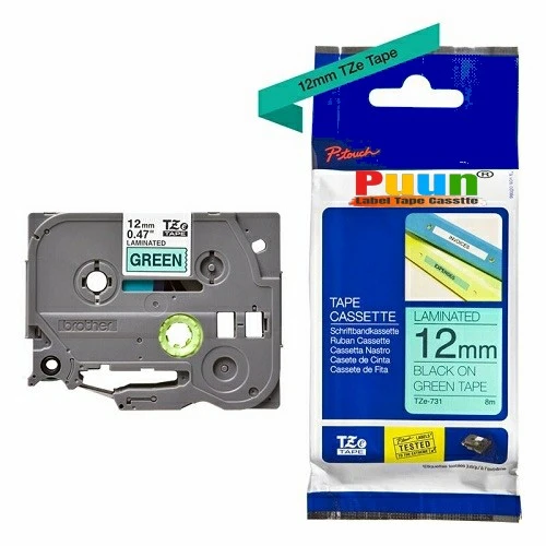 Puun Puun Brother P-Touch TZE-731 12mm X 8m Yeşil Üzerine Siyah Muadil Laminasyon Etiket Şeridi ürün görseli 1