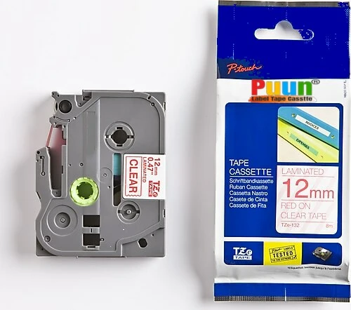 Puun Puun Brother P-Touch TZE-132 12mm X 8m Şeffaf Üzerine Kırmızı Muadil Laminasyon Etiket Şeridi ürün görseli 1