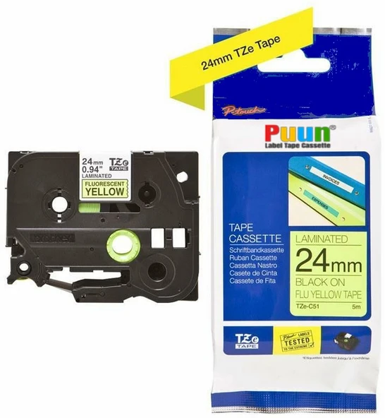 Puun Puun Brother P-Touch TZE-C51 24mm X 8m Fosforlu Sarı Yellow Üzerine Siyah Muadil Laminasyon Etiket Şeridi ürün görseli 1