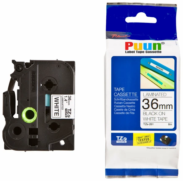 Puun Puun Brother P-Touch TZE-261 36mm X 8m Beyaz Üzerine Siyah Muadil Laminasyon Etiket Şeridi ürün görseli 1
