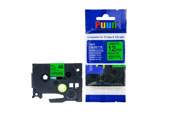 Puun Puun Brother P-Touch TZE-D31 12mm X 8m Fosforlu Yeşil Green Üzerine Siyah Muadil Laminasyon Etiket Şeridi ürün görseli 1