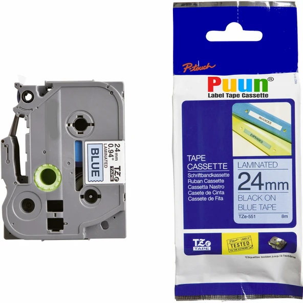 Puun Puun Brother P-Touch TZE-551 24mm X 8m Mavi Üzerine Siyah Muadil Laminasyon Etiket Şeridi ürün görseli 1