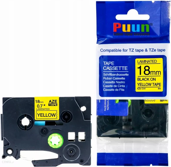 Puun Puun Brother P-Touch TZE-C41 18mm X 8m Fosforlu Sarı Yellow Üzerine Siyah Muadil Laminasyon Etiket Şeridi ürün görseli 1