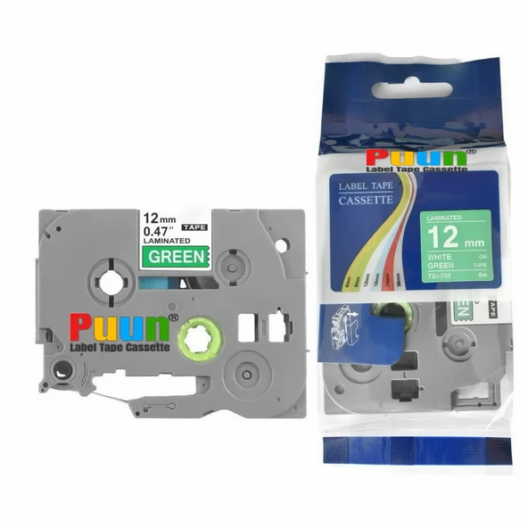 Puun Puun Brother P-Touch TZE-735 12mm X 8m Yeşil Üzerine Beyaz Muadil Laminasyon Etiket Şeridi ürün görseli 1
