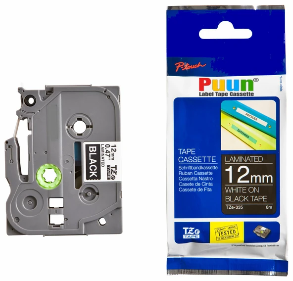 Puun Puun Brother P-Touch TZE-335 12mm X 8m Siyah Üzerine Beyaz  Muadil Laminasyon Etiket Şeridi ürün görseli 1