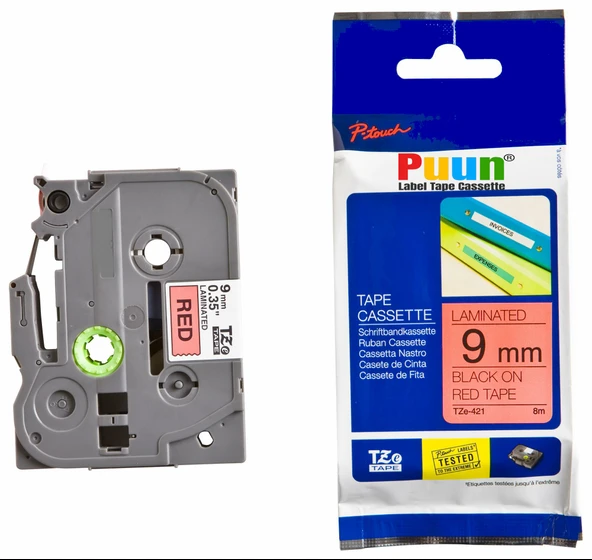Puun Puun Brother P-Touch TZE-421 9mm X 8m Kırmızı Üzerine Siyah Muadil Laminasyon Etiket Şeridi ürün görseli 1