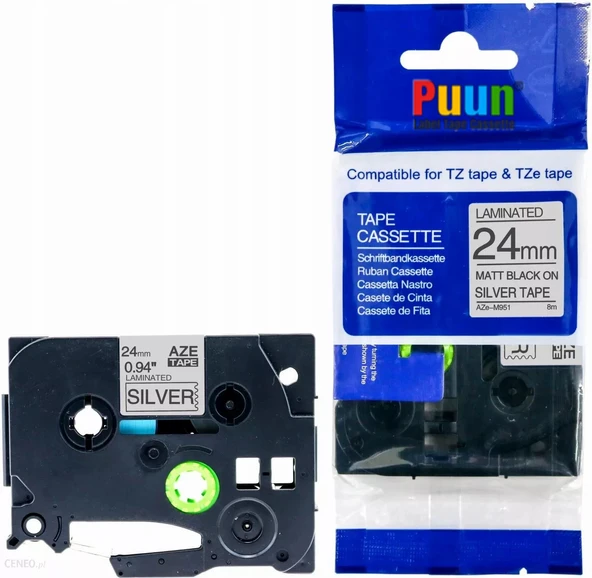 Puun Puun Brother P-Touch TZE-M951 24mm X 8m Mat Gümüş Üzerine Siyah Muadil Laminasyon Etiket Şeridi ürün görseli 1