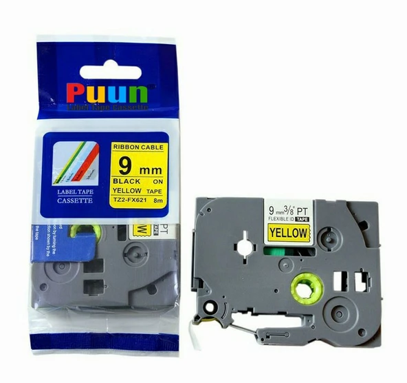 Puun Puun Brother P-Touch TZE-FX621 9mm X 8m Sarı Üzerine Siyah Esnek Muadil Laminasyon Etiket Şeridi ürün görseli 1