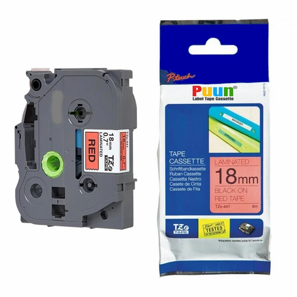 Puun Puun Brother P-Touch TZE-441 18mm X 8m Kırmızı Üzerine Siyah Muadil Laminasyon Etiket Şeridi ürün görseli 1