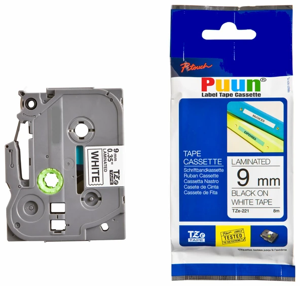 Puun Puun Brother P-Touch TZE-221 9mm X 8m Beyaz Üzerine Siyah Muadil Laminasyon Etiket Şeridi ürün görseli 1