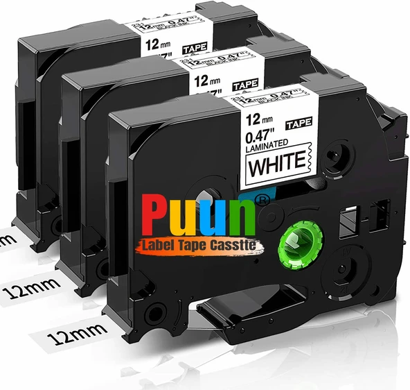 Puun Brother TZE-231 12mm X 8m Beyaz Üzerine Siyah Muadil Laminasyon Etiket Şeridi 3 Adet ürün görseli 1