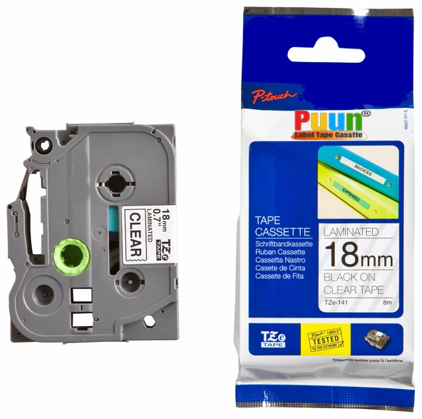 Puun Puun Brother P-Touch TZE-141 18mm X 8m Şeffaf Üzerine Siyah Muadil Laminasyon Etiket Şeridi ürün görseli 1