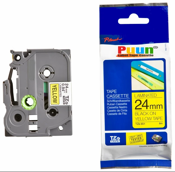 Puun Puun Brother P-Touch TZE-651 24mm X 8m Sarı Üzerine Siyah Muadil Laminasyon Etiket Şeridi ürün görseli 1