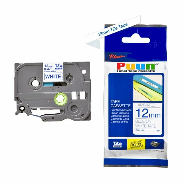 Puun Puun Brother P-Touch TZE-233 12mm X 8m Beyaz Üzerine Mavi Muadil Laminasyon Etiket Şeridi ürün görseli 1