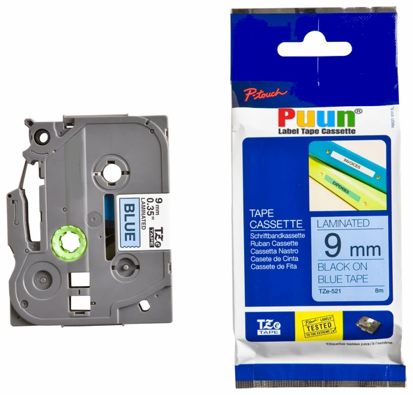 Puun Puun Brother P-Touch TZE-521 9mm X 8m Mavi Üzerine Siyah Muadil Laminasyon Etiket Şeridi ürün görseli 1