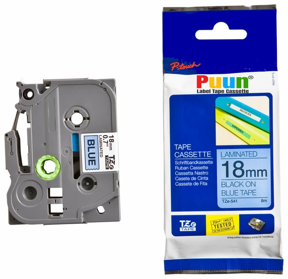 Puun Puun Brother P-Touch TZE-541 18mm X 8m Mavi Üzerine Siyah Muadil Laminasyon Etiket Şeridi ürün görseli 1
