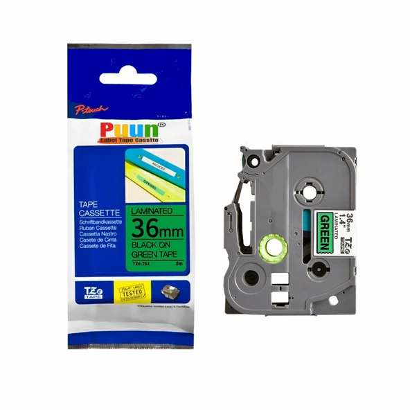 Puun Puun Brother P-Touch TZE-761 36mm X 8m Yeşil Üzerine Siyah Muadil Laminasyon Etiket Şeridi ürün görseli 1