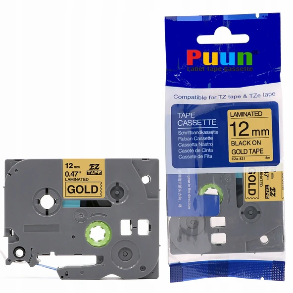 Puun Puun Brother P-Touch TZE-831 12mm X 8m Altın Gold Üzerine Siyah Muadil Laminasyon Etiket Şeridi ürün görseli 1