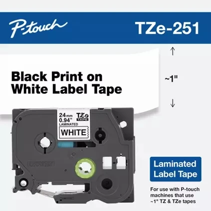 Xplus Brother TZe-251 24mm X 8 Mt. Beyaz üzerine Siyah Laminasyonlu Etiket Şeridi (TZe Tape) ORİJİNAL ürün görseli 1
