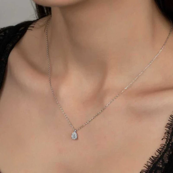 Swarovski Taşlı Gümüş Damla Tektaş Bayan Kolye ürün görseli 1