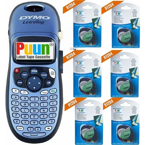 Puun DYMO LetraTag LT 100 Elde Taşınabilir Kişisel Etiketleme Makinesi + 1 adet Orijinal + 6 adet Puun marka 91204-59425 Yeşil 12mm X 4 mt muadil etiket ürün görseli 1