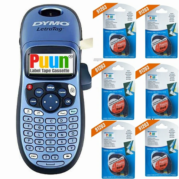 Puun DYMO LetraTag LT 100 Elde Taşınabilir Kişisel Etiketleme Makinesi + 1 adet Orijinal + 6 adet Puun marka 91203-59424 Kırmızı 12mm X 4 mt muadil etiket ürün görseli 1
