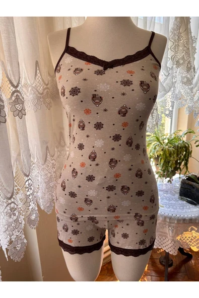 İNSPİRA İnce Askılı Şortlu Pamuklu Pijama Takımı Dantel Detaylı ürün görseli 1