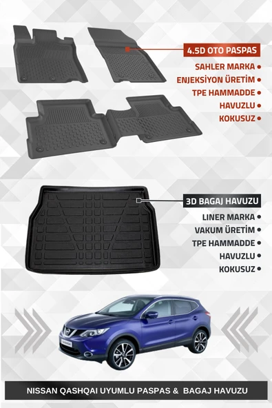 Sahler Nıssan Qashqai Visia 2014-2021 Uyumlu 4.5D Premium Havuzlu Oto Paspas ve Liner Marka 3D Bagaj Havuzu ürün görseli 1