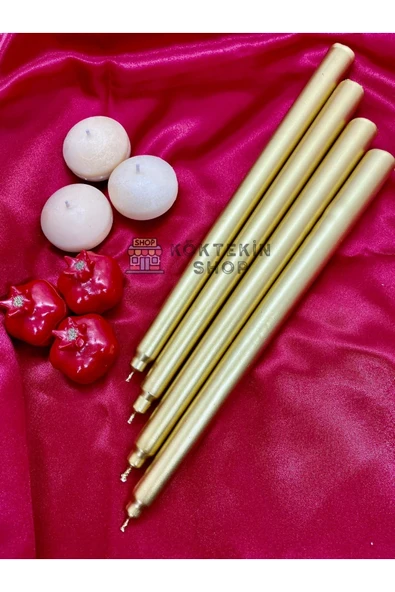 KÖKTEKİN SHOP 4 Adet Gold Varaklı Altın Renk Silindir Konik Şamdan Mumu Sedefli Gold Uzun Ince Konik 4'lü ürün görseli 1