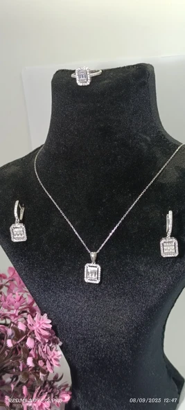 BAGET TAŞLI KOLYE YÜZÜK KÜPE SET - Resim 5