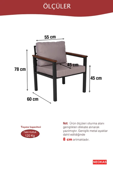 NEOKAS Bahce Mobilyası, Modern Balkon Mobilyası, Kafe Oturma Takımı, Teras Koltugu, 1+1+M ürün görseli 1