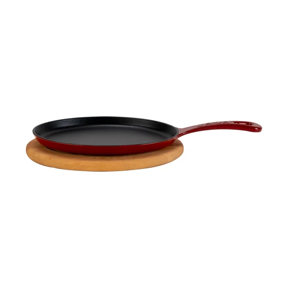 Lava Döküm Oval Fajita Tabağı Döküm Demir Yekpare Saplı Kayın Servis Ahşabı Ölçü 17x23cm.-Bordo ürün görseli 1