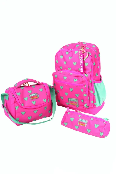 CH 23113 Pembe Yeşil Kalpli - 3' Lü Okul Çantası Seti - Sırt Ve Beslenme Çantası + Kalemlik ürün görseli 1