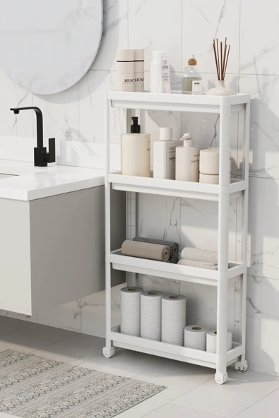 Mithra Life 4 Katlı Tekerlekli Slim İnce Beyaz Banyo Mutfak Rafı MIT1200 ürün görseli 1