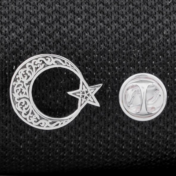 Ayyıldız Desenli 925 Ayar Gümüş Rozet Yaka İğnesi ürün görseli 1