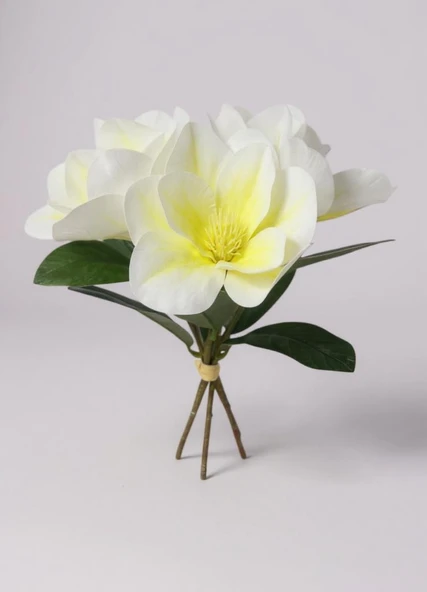Yapay Çiçek 3Dallı Buket Manolya Gerçek Dokulu Magnolia 32cm KREM ürün görseli 1