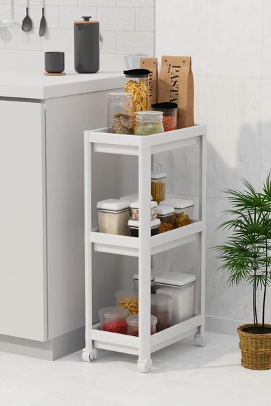 Mithra Life 3 Katlı Hazneli Tekerlekli Beyaz Mutfak Banyo Rafı PG MIT1214 ürün görseli 1