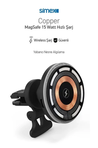Simex Copper 15W Hızlı Manyetik Araç içi Metal Magsafe Kablosuz Şarj Standı ve Telefon Tutucu ürün görseli 1