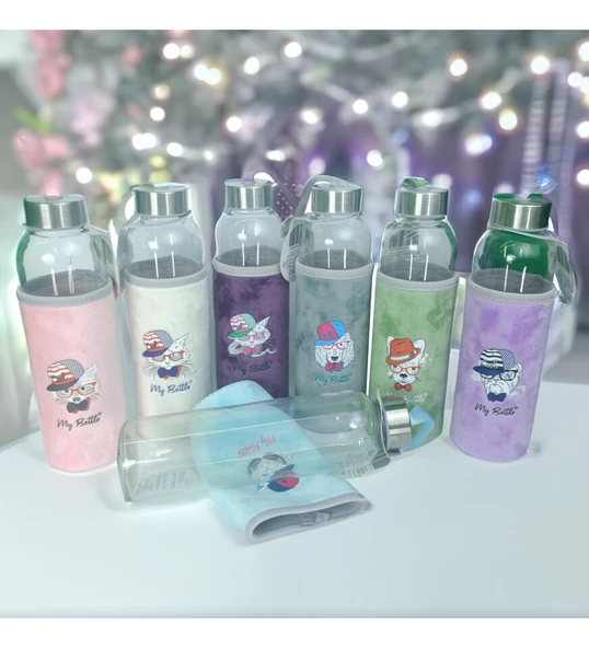 Figürlü Peluş Kılıflı Renkli Cam Matara Suluk 500 ml HK5017 ürün görseli 1