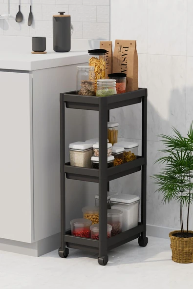 Mithra Life 3 Katlı Hazneli Tekerlekli Siyah Mutfak Banyo Rafı PG MIT1215 ürün görseli 1