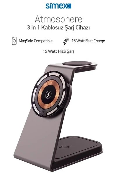 Simex 15W 3in1 Hızlı Manyetik Masaüstü Metal Magsafe Kablosuz Şarj Standı Telefon Tutucu Simex Atmosphere ürün görseli 1