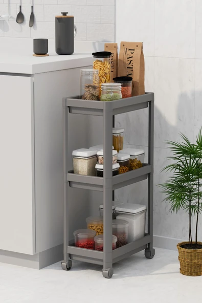 Mithra Life 3 Katlı Hazneli Tekerlekli Gri Mutfak Banyo Rafı PG MIT1216 ürün görseli 1