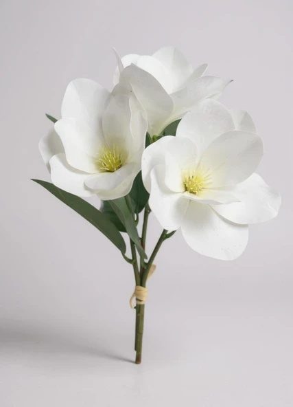 Yapay Çiçek 3Dallı Buket Manolya Gerçek Dokulu Magnolia 32cm BEYAZ ürün görseli 1