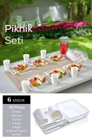 Mithra Life 6 Kişilik Çantalı Beyaz Çatal Bıçak Kaşık ve Tabak Piknik Seti MIT1232 ürün görseli 1