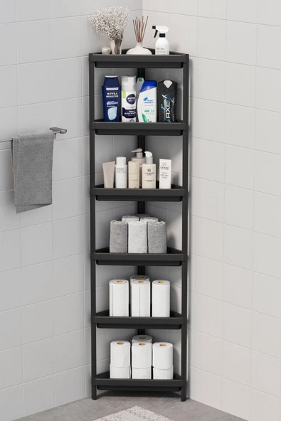 Mithra Life 6 Katlı Üçgen Plastik Siyah Banyo Mutfak Rafı MIT1234 ürün görseli 1