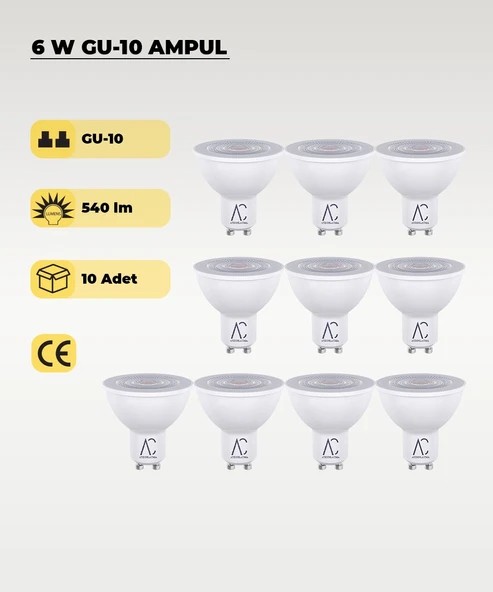 6W GU10 Led Ampul 3200K Sarı Işık 10 Adet ürün görseli 1