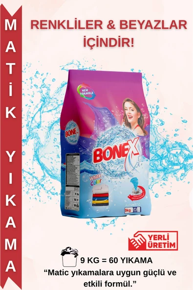 Bonex 9 Kg Toz Çamaşır Deterjanı – Beyazlar ve Renkliler İçin Güçlü Leke Çıkarıcı, 60 Yıkama ürün görseli 1