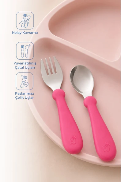 Babyjem Paslanmaz Çelik Çatal Kaşık Seti - Pembe ürün görseli 1