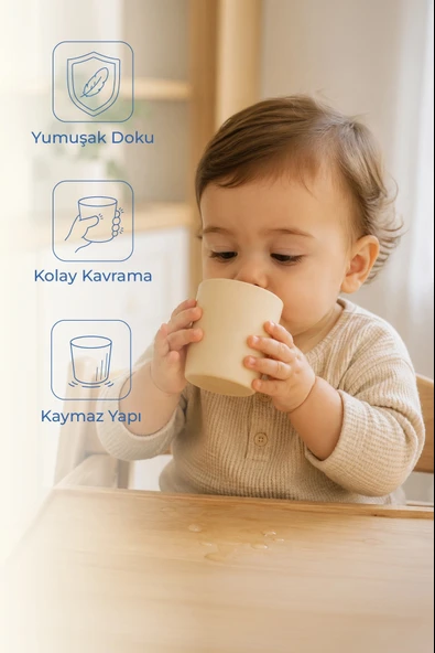 Babyjem Silikon Bardak + Silikon Mama Kaşığı Ekru Silikon Bebek Beslenme Seti ürün görseli 1