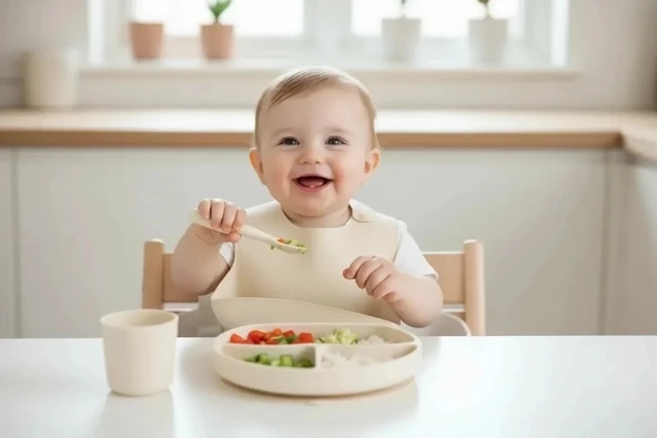 Babyjem Silikon Beslenme Seti Ekru - Silikon Önlük & Tabak & Bardak & Kaşık - Bpa Free ürün görseli 1